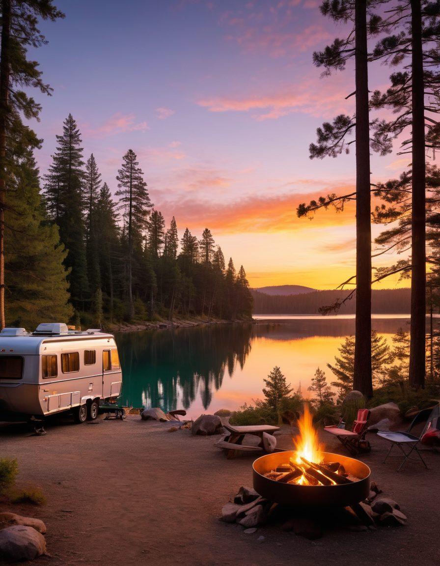 A cozy RV parked in a stunning outdoor landscape, surrounded by towering pine trees and a serene lake reflecting the sunset. A campfire with friends sharing stories in the foreground, with gear for hiking and biking scattered around. The RV decked out with colorful decorations, showcasing a vibrant adventurous lifestyle. Capturing the essence of freedom and exploration, with a warm and inviting atmosphere. super-realistic. vibrant colors. sunset hues.
