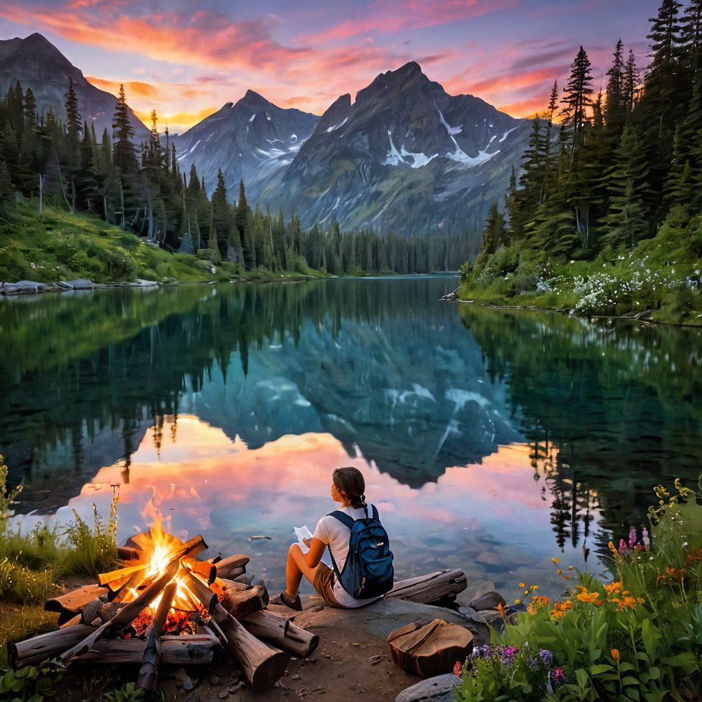 A breathtaking outdoor landscape featuring a serene lake framed by majestic mountains, with a cozy campfire in the foreground and a backpack resting nearby. Add a person sitting on a log, writing in a journal, surrounded by vibrant wildflowers and lush greenery. Capture a sunset that casts warm, golden hues across the scene, evoking a sense of tranquility and inspiration. super-realistic. vibrant colors.