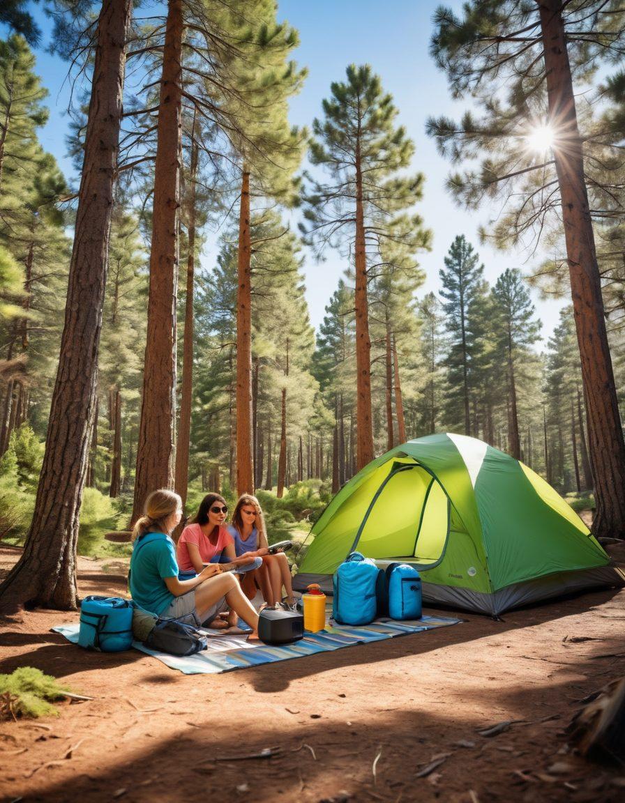 A serene campsite nestled among tall pine trees under a clear blue sky, featuring an eco-friendly cooling solution like a solar-powered fan. Portray a family enjoying their time while resting on colorful camping gear, surrounded by camping essentials such as a tent and a cooler. Radiating a refreshing ambiance with energetic green and blue hues to evoke the coolness of nature. super-realistic. vibrant colors. outdoors.